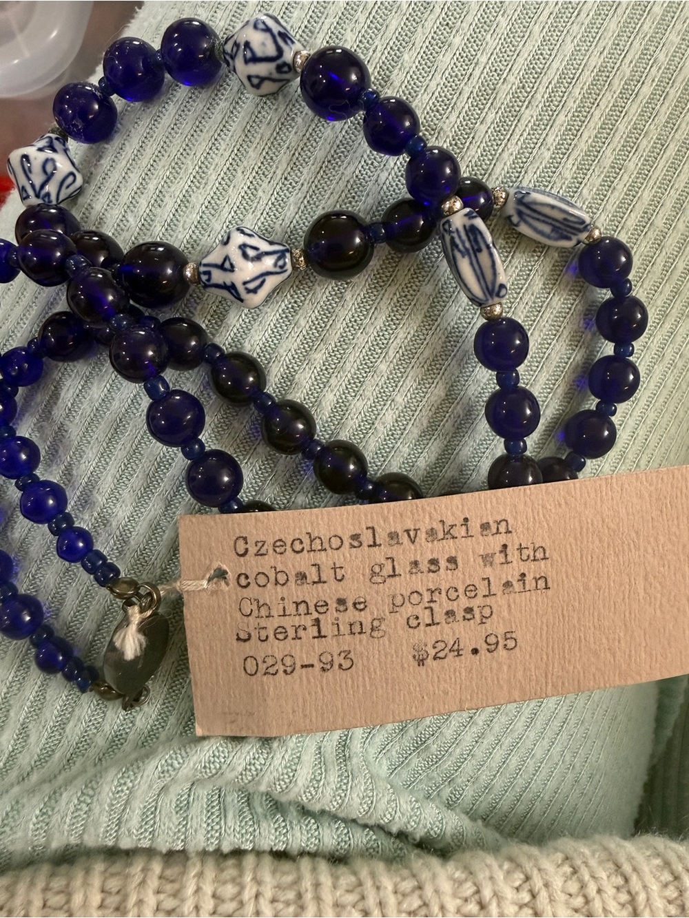 Vintage Czech Cobalt Glass Necklace with Sterling Silver
